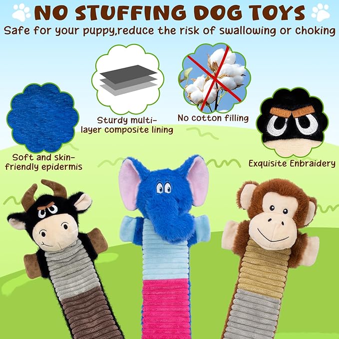 3 Pack No Stuffing Dog Squeaky Toys, Dog Chew Toys with Crinkle and Squeaker, Cute Animal PlushToys to Keep Them Busy, Suitable for Large, Medium and Small Breeds （Elephant&Monkey&Cattle