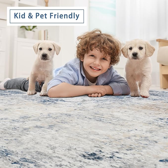 Washable Rugs 8x10 Area Rugs for Living Room,Modern Abstract Rugs for Bedroom,Large Carpets,Ultra Soft Faux Wool Retro Dining Room Rug,Non Slip&Non-Shedding Low Pile Print Rug- Blue Beige
