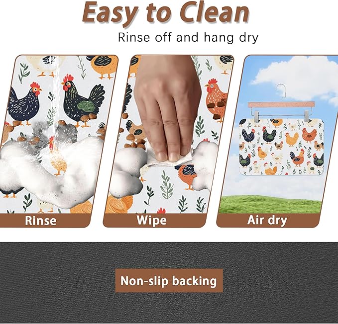 Rooster Dog Cat Food Mat,Hen Chicken Meadow Absorbent Pet Feeding Mat for Food and Water,Non-Slip Dog Bowl Mats Floor Protector 12"x20"