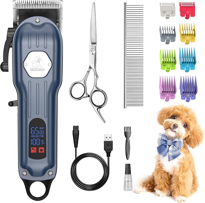 Dog Grooming Kit for Heavy Thick Hair&Coats,Low Noise Dog Hair Trimmer,Rechargeable Cordless Pet Shaver with Stainless Steel Blade, Dog Clippers for Grooming for Small Large Dogs Pets (Blue)