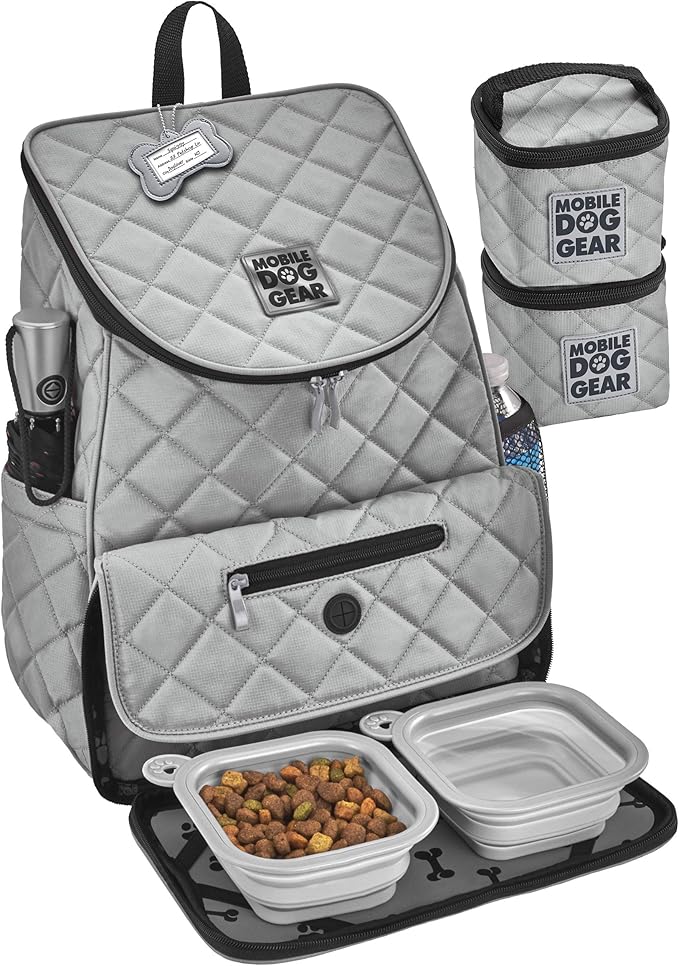 Mobile Dog Gear, Dog Travel Bag, Deluxe Quilted Weekender Backpack, Includes Lined Food Carriers and 2 Collapsible Dog Bowl, Gray