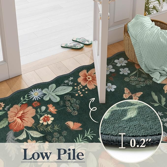 Lahome Floral Hallway Runner, 2X6 Washable Runner Rug Non-Slip, Ultra-Thin Soft Stain Resistant Boho Low-Pile Carpet for ‎Kitchen Laundry Bathroom Bedroom, Dark Green