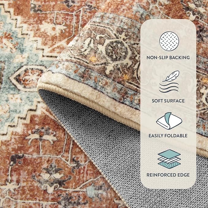 Lahome Oriental Hallway Runner Rug, 2.5x8 Kitchen Runner Non Slip Ultra-Thin, Soft Washable Hallway Rug Non Shedding Long Carpet for Entryway ?랰aundry Room Bathroom, Orange/Multi