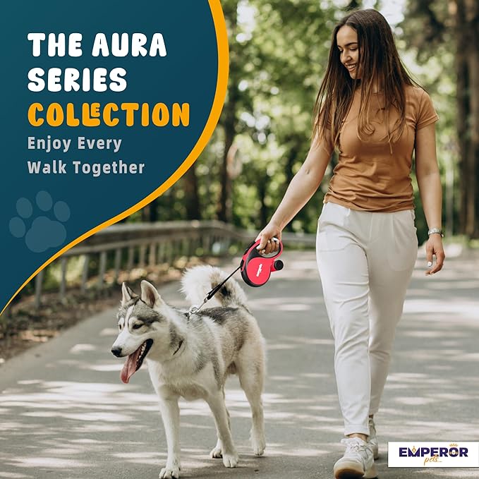 Emperor Pets 16 ft Retractable Dog Leash Red - Heavy Duty Retractable Pet Leash with Anti-Slip Grip for Medium to Large Dogs up to 110 lbs -Aura BR16