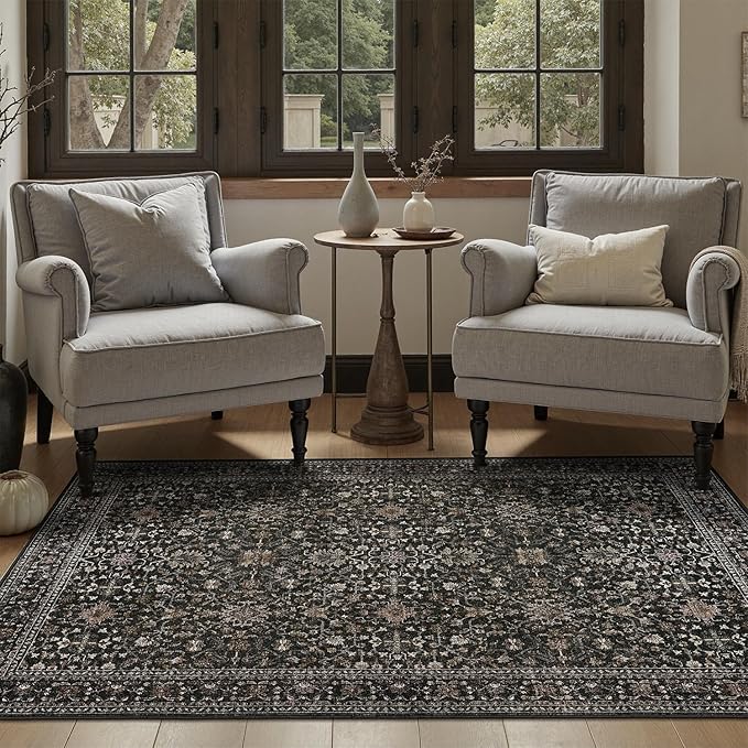 DCX Black 4x6 Rug, Kid & Pet Friendly with Rubber Back Non Slip, Machine Washable Stain Resistant Vintage Traditional Distressed Carpet, Rug for Living Room, Bedroom, Home Decor