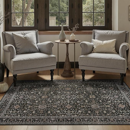 DCX Black 4x6 Rug, Kid & Pet Friendly with Rubber Back Non Slip, Machine Washable Stain Resistant Vintage Traditional Distressed Carpet, Rug for Living Room, Bedroom, Home Decor