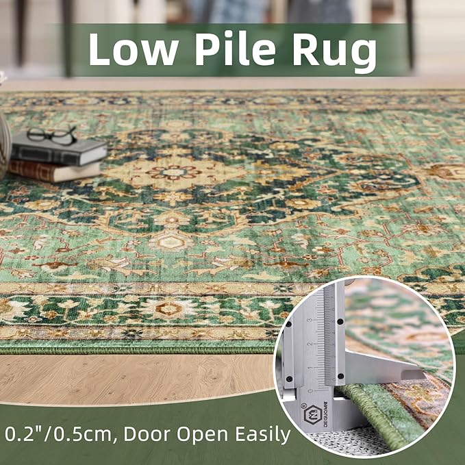 Green Runner Rugs 2x10 Boho Small Washable Area Rugs for Entryway Bathroom Kitchen, Long Rugs for Hallway Soft Low Pile Non-Slip Rubber Backing Oriental