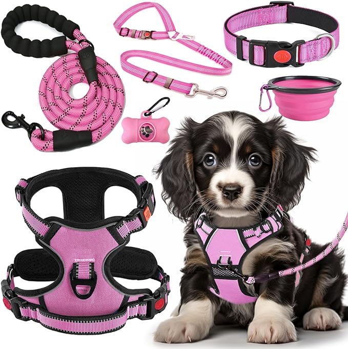 No Pull Dog Harness, Collar & Leash Set | Includes Dog Seat Belt, Collapsible Bowls & Poop Bag Dispenser. Ideal for Training, Walking, Hiking. Fits Small to Large Dogs(Pink-M)