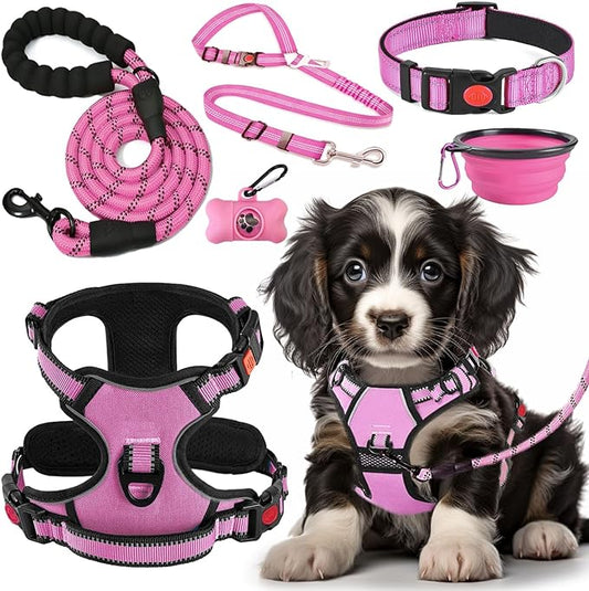 No Pull Dog Harness, Collar & Leash Set | Includes Dog Seat Belt, Collapsible Bowls & Poop Bag Dispenser. Ideal for Training, Walking, Hiking. Fits Small to Large Dogs(Pink-M)