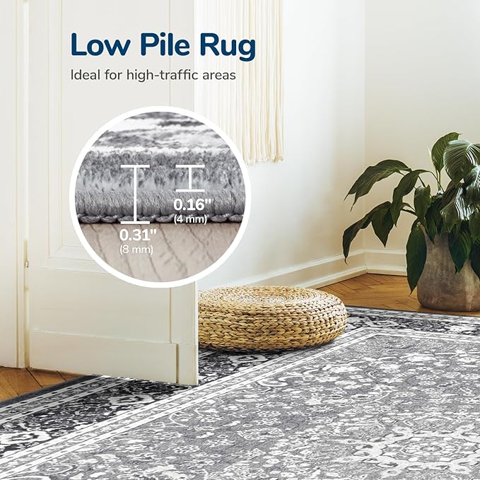 Lessymo 2 x 3 Entryway Rug - Machine Washable Area Rugs Boho Faux Wool Low Pile Area Rug for Bedroom, Floral Medallion Vintage Outdoor Rugs with Non-Slip Rubber,Grey White