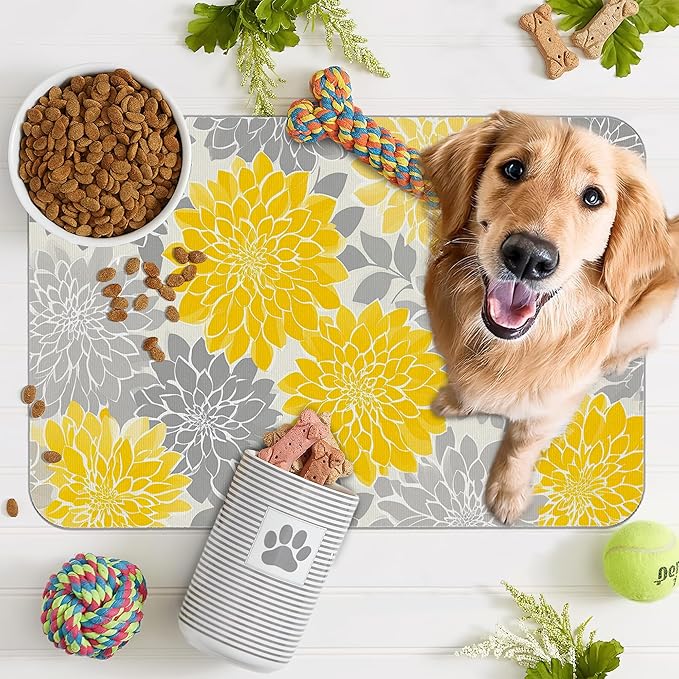 Dahlia Dog Cat Food Mat,Gray Yellow Flower Absorbent Pet Feeding Mat with Rubber Backing,Non-Slip Water Bowl Placemat,Indoor Pet Accessories Supplies 12"x20"