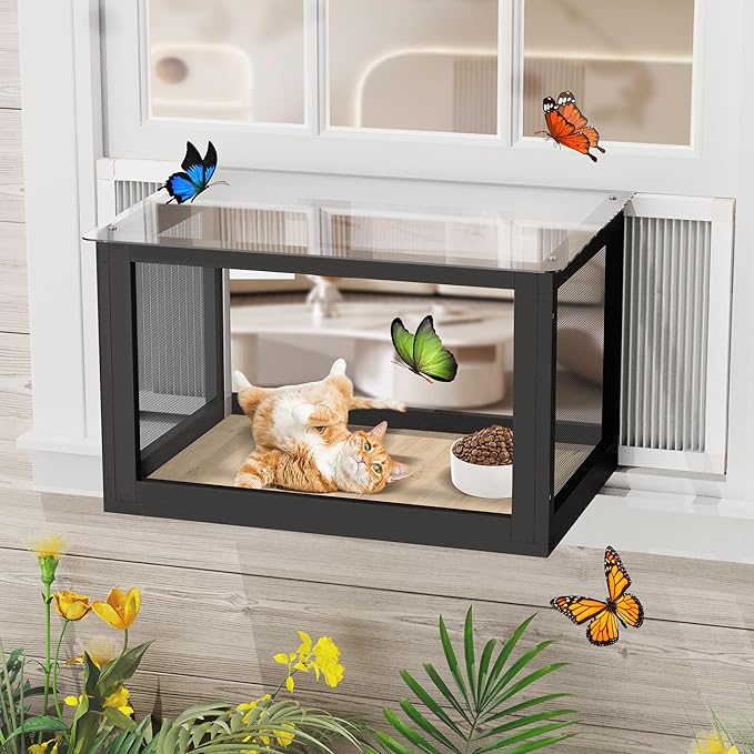 MAGIC UNION Window Catio for Indoor Cats, Cat Catio Outdoor Enclosure Window Box Perch w/Side Mosquito-Proof Wire Fits Double Hung Frames 25.4" to 43.3" Wide, Sunbathing Napping Overlooking (Black)