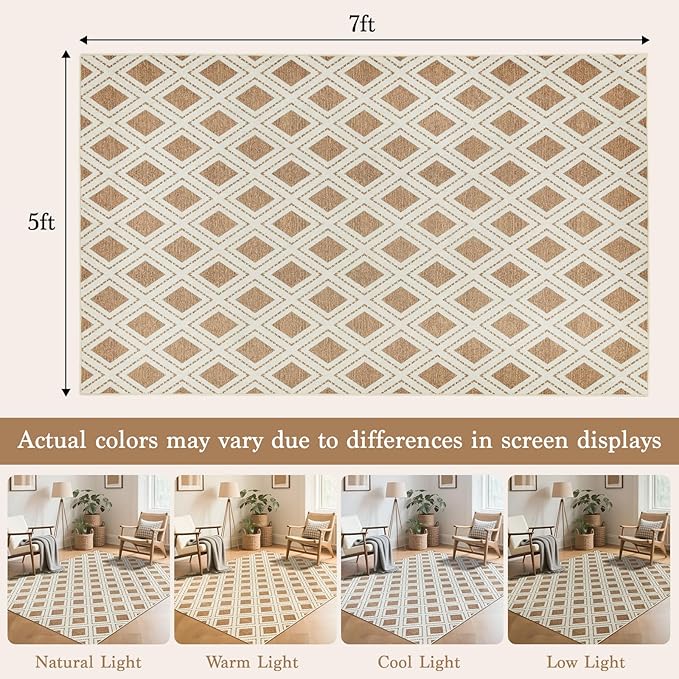 LBRO2M Checkered Rug 5X7 Washable Rugs for Living Room Bedroom Non Slip Rugs Easy Clean, Soft Low Piles Stain Resistant Carpet Geometric Area Rug Great for Pets and Family (5'X7' Brown)