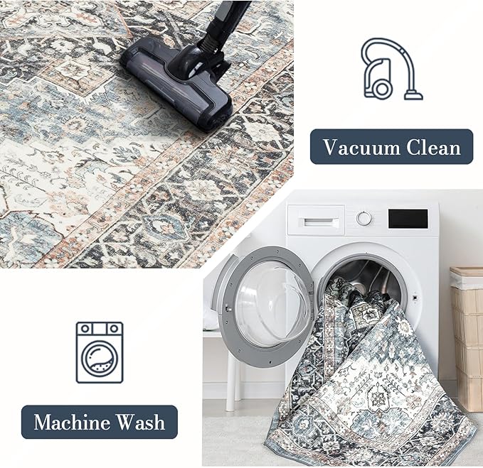 Area Rug 6횞9, Large Vintage Boho Rug,Ultra-Soft Low Pile, Washable, Non Slip,Stain Resistant, Printed Carpet for Living Room Bedrooms Playroom Office Kitchen, Blue/Navy