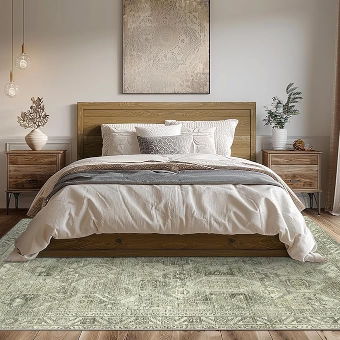 GENIMO 6x9 Area Rugs for Living Room, Machine Washable Vintage Non Slip Rugs, Low Pile Lightweight Chenille Print Rug for Bedroom, Dining Room, Home Office, Vintage Sage/Grey