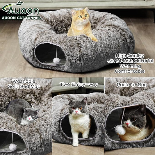 AUOON Cat Tunnel Bed for Indoor Cats - Large Cat Donut Tunnel with Hanging Ball Toy, Collapsible 2-in-1 Multifunctional Interactive Cat Toy for Kitten, Puppy, Rabbit, Ferret (Brown)