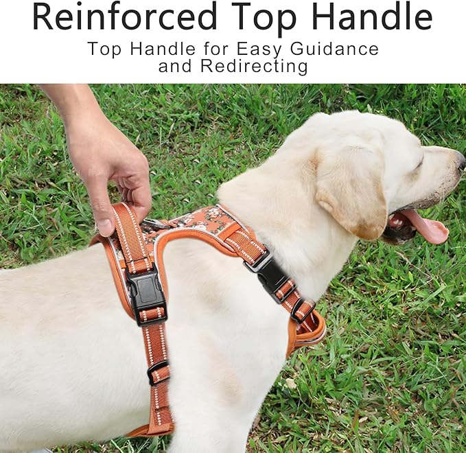 Timos Dog Harness for Large Dogs, No Pull Service Vest with Reflective Strips and Control Handle,No Choke Dog Harness with 2 Metal Rings for Easy Walking,Outdoor Training,Flower Orange, XL