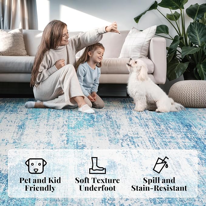 Area Rug Living Room Washable Rugs: 6x9 Modern Neutral Abstract Low Pile Non Slip Floor Carpet - Large Soft Thin Stain Resistant Rug for Bedroom Dining Indoor Office Home, Blue