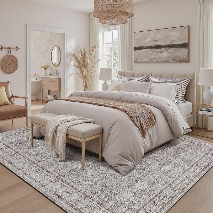 DCX Gray 9x12 Rug, Kid & Pet Friendly with Rubber Back Non Slip, Machine Washable Stain Resistant Vintage Traditional Distressed Carpet, Rug for Living Room, Bedroom, Home Decor