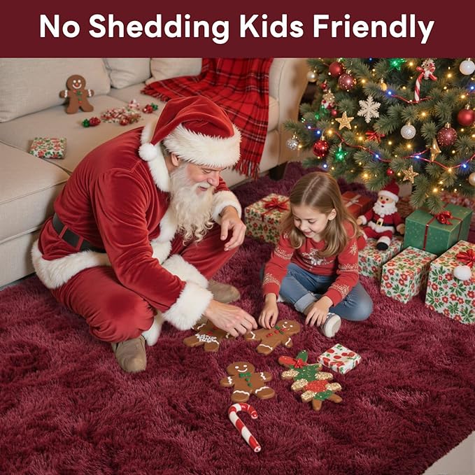 Area Rugs for Living Room, 6x9 Feet Soft Fluffy Shagg Plush Rug High Pile Large Indoor Modern Non-Slip Floor Carpet for Bedroom Nursery Girls Kids Home Room Dorm Decor Aesthetic Burgundy