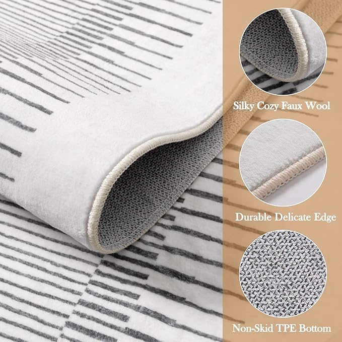 Wonnitar Washable Striped Runner Rug 2'6"x8', Non-Slip Berber Stripe Hallway Runner, Low Pile Minimalist Kitchen Soft Carpet Runner for Bedroom Bathroom Laundry Entryway (Grey, 2'6" x 8')