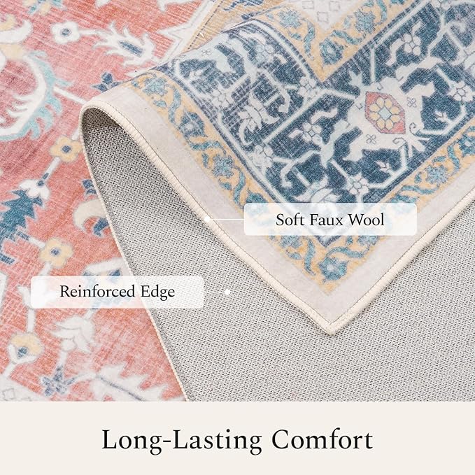 Rugflix 5x7 Area Rugs for Living Room, Machine Washable Rug Non Slip Stain Resistance, Large Rug Vintage Distressed Soft Carpet for Bedroom, Dining Room, Home Office, Blue Red