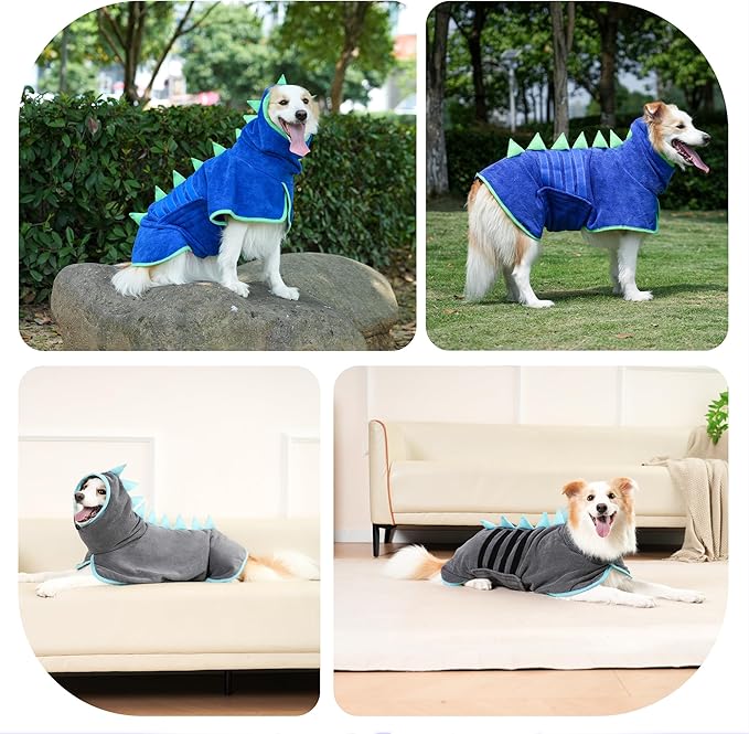 Super Absorbent Dog Bathrobe, Microfiber Bath Robe Towel for Fast Drying, Cozy Fit, Adjustable Belly Strap, Unique Dinosaur Design Dog Drying Coat for Bath, Rainy Walks & Cold Weather