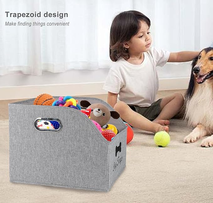 Large Collapsible Dog Toy Basket,Fabric Trapezoid Dog Toy Bin,Stable Dog Toy Storage Box with Metal Handle,for organizing Dog Puppy Toy Blanket Collar Clothes Snacks-Can be Personalized-Gray