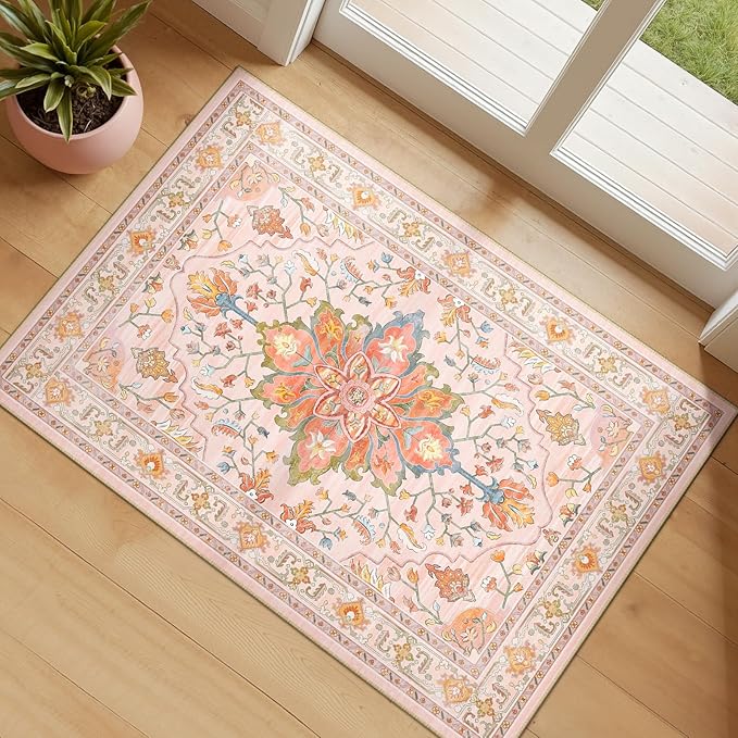 Area Rugs 2'x3' Kitchen Rugs Entry Rug Small Rugs for Entryway Kitchen Bathroom Door Mat Indoor Entrance,Washable Non Slip, Light Pink Colorful