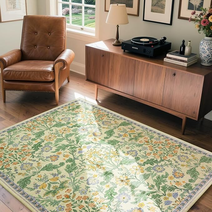 Floral Area Rug for Living Room: 4x6 Washable Soft Low Pile Thin Indoor Carpet, Non Slip Stain Resistant Vintage Flower Boho Accent Rugs for Bedroom, Dining, Home Office, Nursery - Ivory