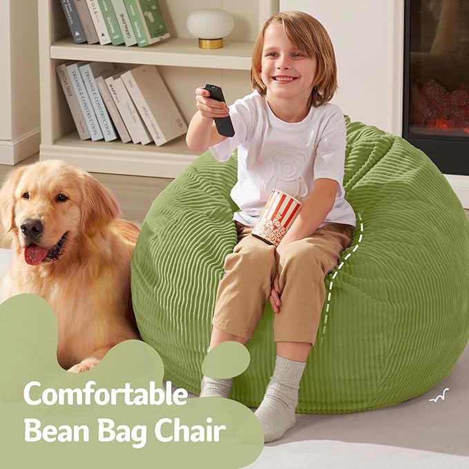 Homguava 2FT Bean Bag Chair,Teardrop Bean Bags Small Beanbag Chair with Memory Foam Filled and Ultra Soft Corduroy Cover for Living Room, Bedroom(Green)