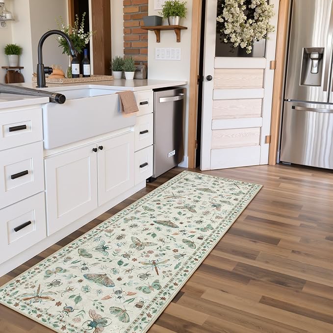 Lahome Insect Kitchen Runner Rugs Non Skid Washable, 2x6 Soft Washable Runner Non Slip, Ultra-Thin Hallway Rug Stain Resistant Carpet for ?랰aundry Bathroom Bedroom(2x6ft,Beige)