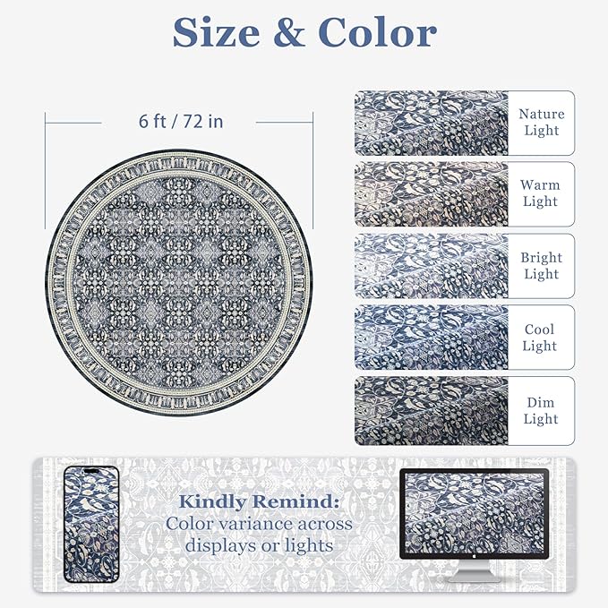Dark Blue Round Rugs 6ft for Living Room, Washable Round Carpet with Rubber Backing for Kitchen Dining Room, Low Pile Thin Circle Rug for Bedroom Nursery, Transitional Moroccan Floral Trellis