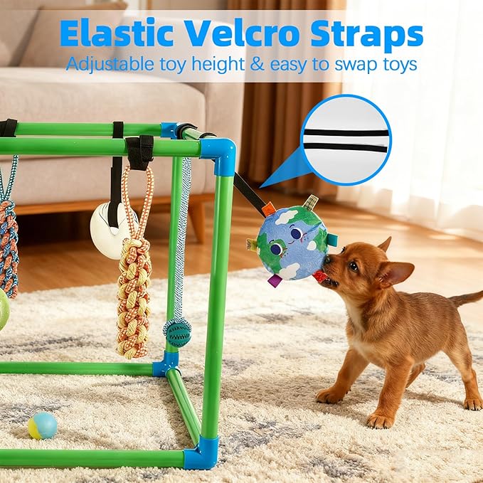 SpaceTime Puppy Play Gym with 8 Hanging Toys,Interactive Dog Toys to Keep Them Busy,Puppy Chew Rope/Rubber/Squeaky/Plush Toy for Indoor Small & Large Dogs,Durable Frame with Elastic Straps (Green)
