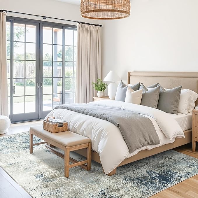 Area Rugs 8x10 Machine Washable Rug for Bedroom Living Room, Large Modern Abstract for Dining Room, Indoor Low Pile Carpet Soft Rugs with Non Slip Rubber Backing, Abstract Blue Gray