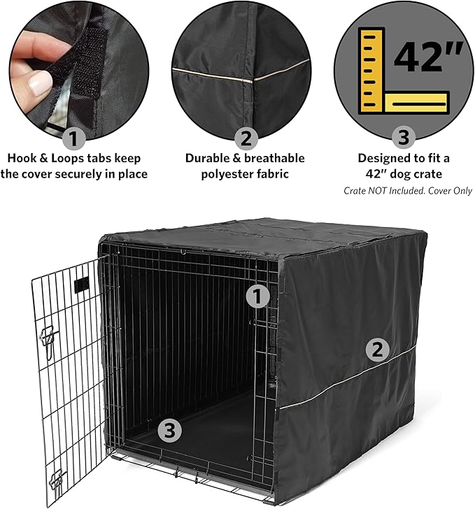 MidWest Homes for Pets Large Dog Crate Cover, Black Polyester Privacy Kennel Cover Fits Most 42-inch Crates, Machine Washable, Reduces Barking & Chewing