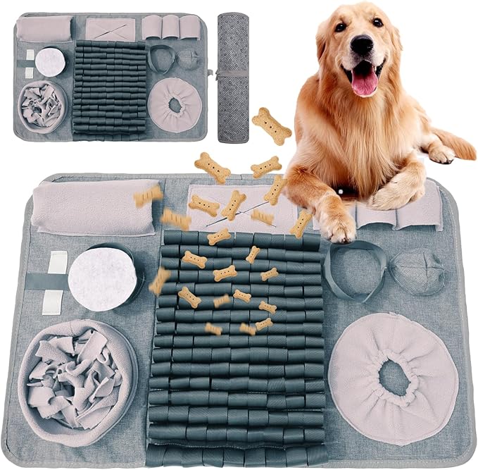 Snuffle mat for Dogs Iteractive Dog Puzzle Toy Used for Training Stress Relief This sniffing mat effectively slows your dog's eating pace. Suitable for indoor and outdoor use. Gray (26 x 17 inches)