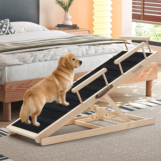 Dog Ramp for Bed - 52.9" Long Adjustable 12" to 28" Wooden Pet Ramp for Small Large Older Dogs - Dog Ramps for High Beds Couch Car - Dog Steps with High Traction Mat & Safety Side Rails Up to 250LB