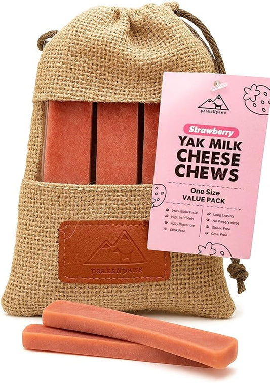 peaksNpaws Yak Cheese Himalayan Dog Chews with Strawberry, High Protein, Natural Dog Treats, Dog Chew Sticks for Aggressive Chewers, Long Lasting Treat for Small, Medium & Large Dogs, 3 Chews