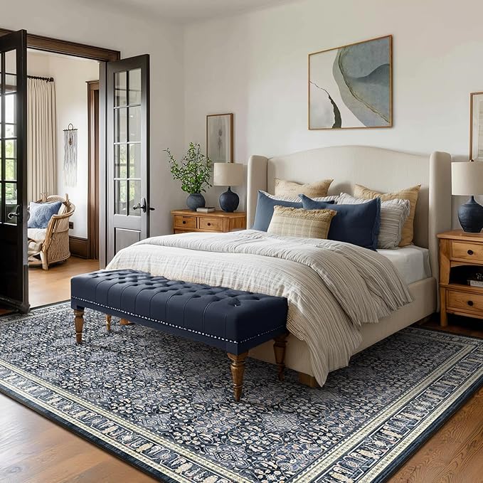Dark Blue 7x10 Rugs for Living Room, Transitional Moroccan Floral Trellis Area Rug for Bedroom Dining Room, Low Pile Thin Washable Non Slip Room Rug for Home Office Playroom Family Room
