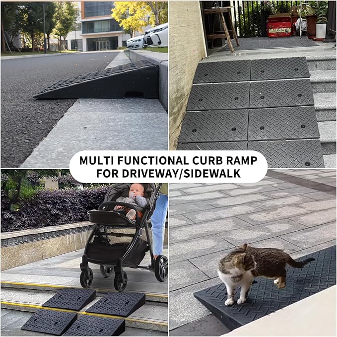 2 Pack 6.7" Rise Rubber Curb Ramps for Driveway Heavy Duty Loading Rubber Curb Ramps 19.68" L x 19.68" W Threshold Ramp for Sidewalks Shed Entry Cars Motorcycles Lawn Mowers 7000lbs Load Capacity