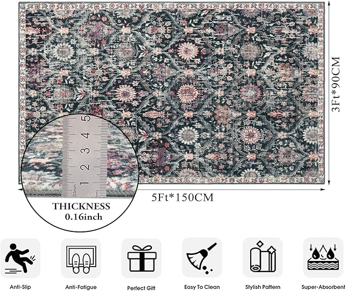 Lahome 3x5 Entryway Rug Indoor Black Boho Front Door Rug, Kitchen Rug Washable for Bedroom Bedside Mudroom Entry Way Entrance Non-Slip Low Pile,Modern Aesthetic Moroccan Trellis Decor