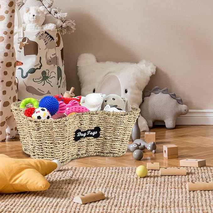 Dog Toy Basket Medium,Dogs Toy Bin, Wicker Storage Basket,Dog Bone Baskets,Dogs Toy Box for Living Room Area,Ideal for Doggie Leash Blanket Toys Treats,Natural Farmhouse Seagrass Basket