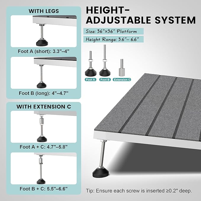 Threshold Ramps for Wheelchairs, Adjustable Height 3.3"-6.6" and 36"×36" Platform Aluminum Wheelchair Ramp, Door Threshold Ramps with a Non-Slip Thick Door Mat for Scooters, Power Chairs, Cart