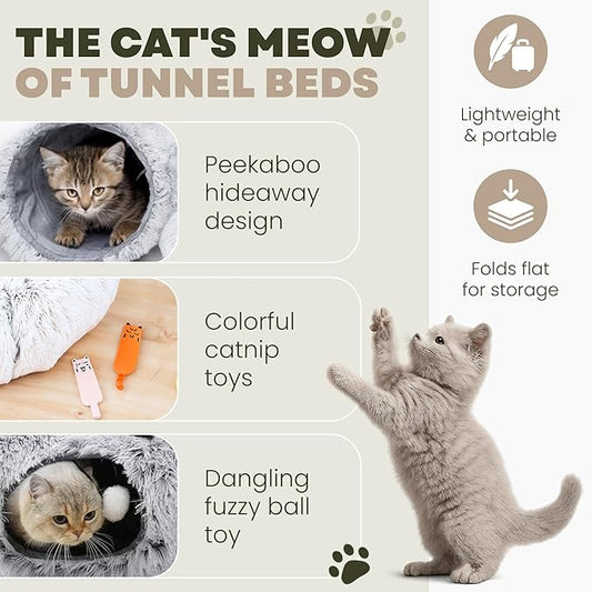 3-in-1 Cat Tunnel Bed Cave with Fun Catnip Interactive Stimulating Kitten Toys for Indoor Bored Cats - Peekaboo Hideaway & Donut Tunnel - Foldable Cute Furry Fuzzy Bed - 32"
