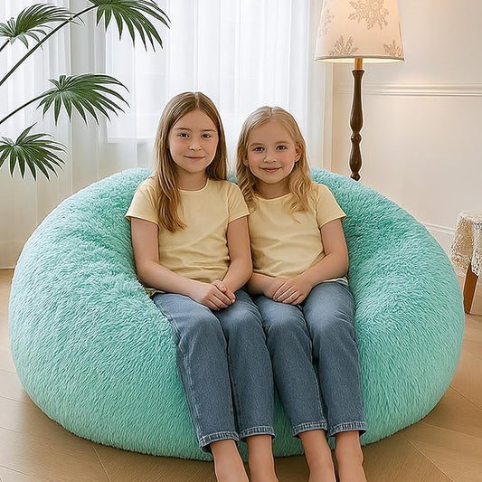MEGO 5FT Oversized Soft Luxury Bean Bag Chair Cover (No Filler), Fluffy Faux Fur Stuffed Animal Storage Beanbag Cover, Anti-Slip Plush Fuzzy Lazy Sofa Bed Cover Adults Girls Kids Teens, Ombre Aqua