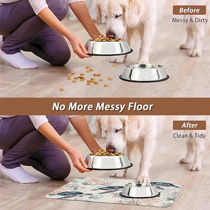 Turtle Dog Cat Food Mat,Coral Absorbent Pet Feeding Mat for Food and Water,Non-Slip Dog Bowl Mats Floor Protector 12"x20"