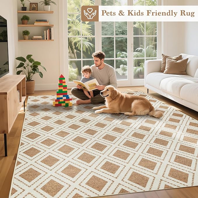 LBRO2M Checkered Rug 5X7 Washable Rugs for Living Room Bedroom Non Slip Rugs Easy Clean, Soft Low Piles Stain Resistant Carpet Geometric Area Rug Great for Pets and Family (5'X7' Brown)