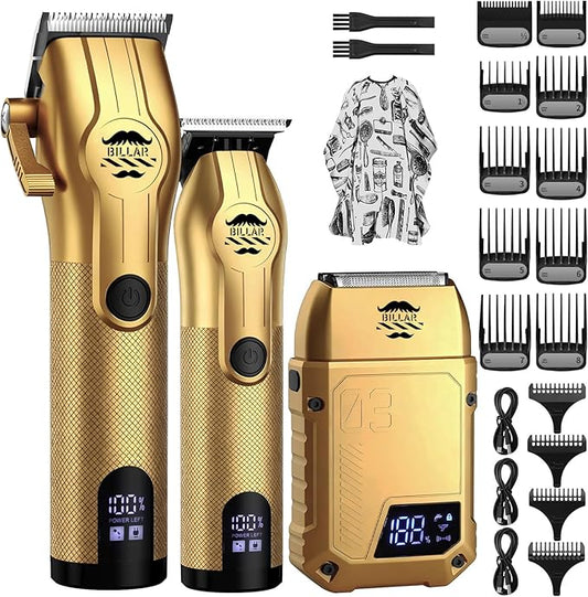 BILLAR® Professional Barber Clippers and Trimmer Set - Foil Shaver Professional Hair Clippers for Men, Mens Cordless Hair Clipper for Barbers Haircut Kit（Golden）