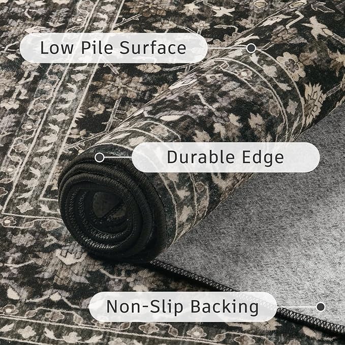 DCX Black 3x5 Rug, Kid & Pet Friendly with Rubber Back Non Slip, Machine Washable Stain Resistant Vintage Traditional Distressed Carpet, Rug for Living Room, Bedroom, Home Decor